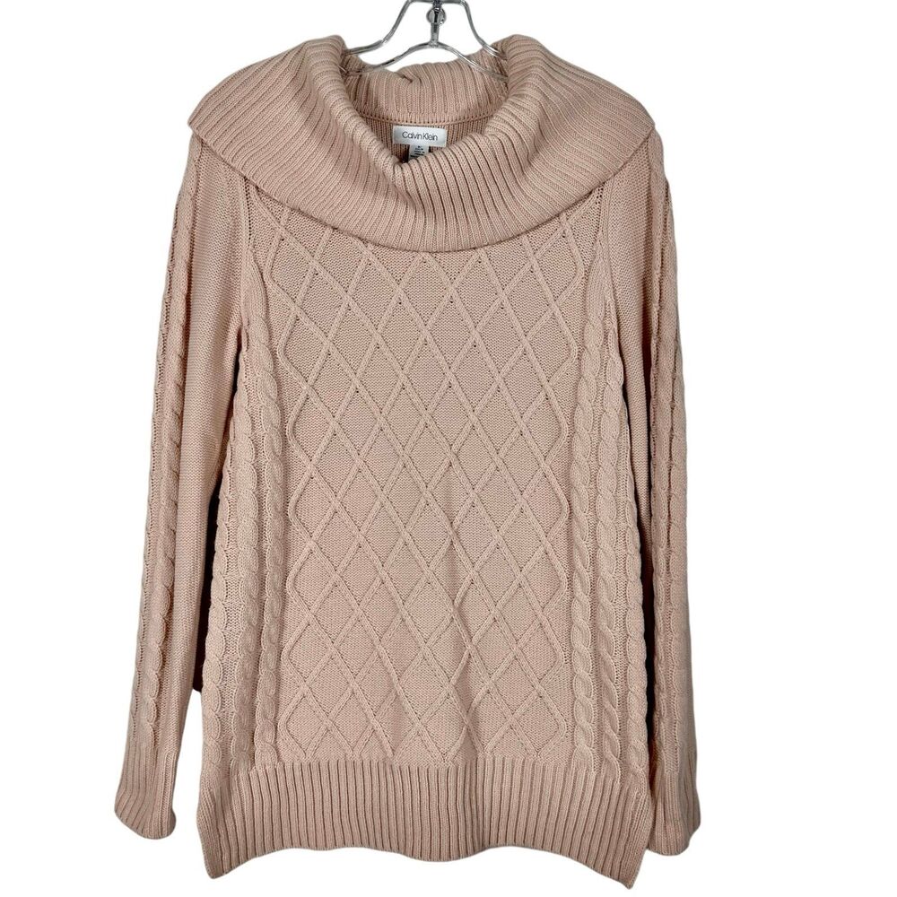 Calvin Klein Womens Sweater Sz Small Light Pink Cowl Neck Cable Knit Tunic EUC
